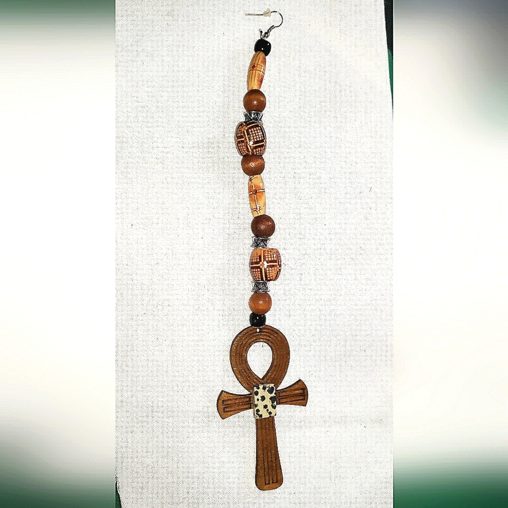 NEW Handcrafted 9" Single Earring! Wood Ankh, Dalmatian Jasper Stone, Wood Beads